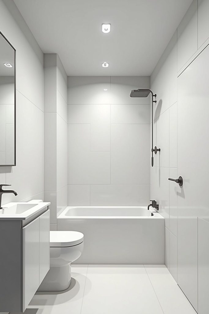Original bathroom photo shown beside an ChatGPT generated AI version with a caramel tile backsplash.