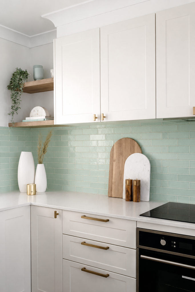 Kitchen backsplash with Tribeca Seaglass Mint glazed porcelain tile from TileTown.