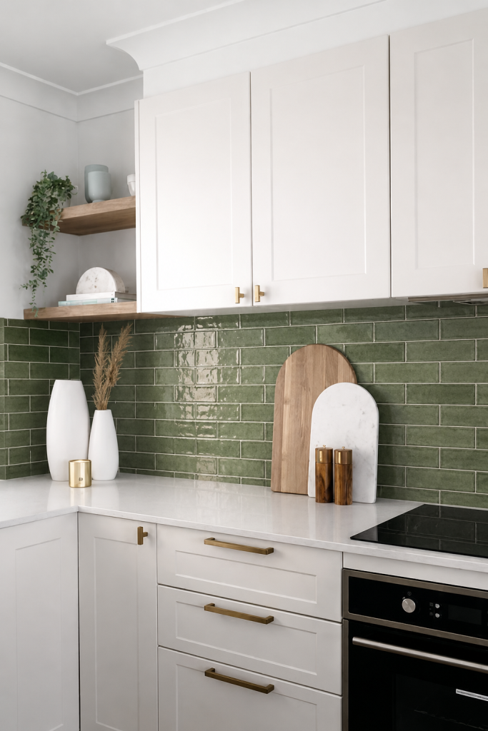 Bathroom wall featuring Tribeca Sage glazed porcelain tile from TileTown.