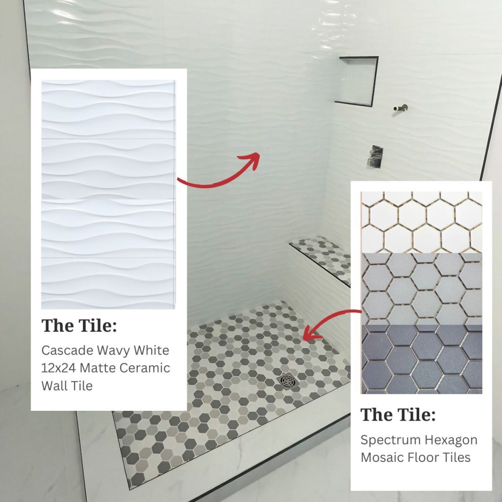 Bathroom shower with Cascade Wavy White wall tile and hexagon mosaic floor tile from TileTown.