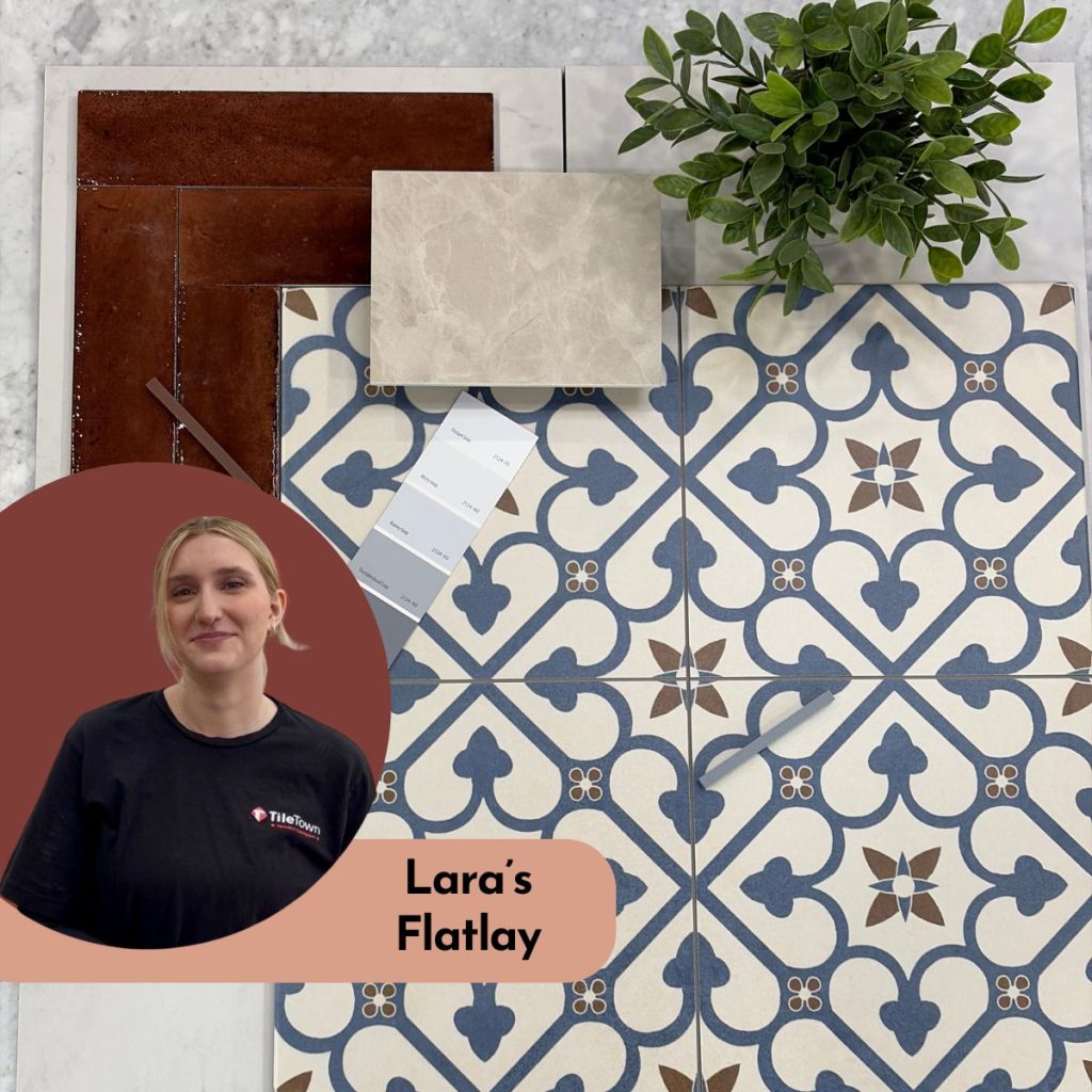 TileTown flatlay by Lara featuring Brighton Blue 18x18 Glazed Porcelain Tile and Lume Caramel tile with warm neutrals, marble-look tile, greenery and coordinating finish samples.