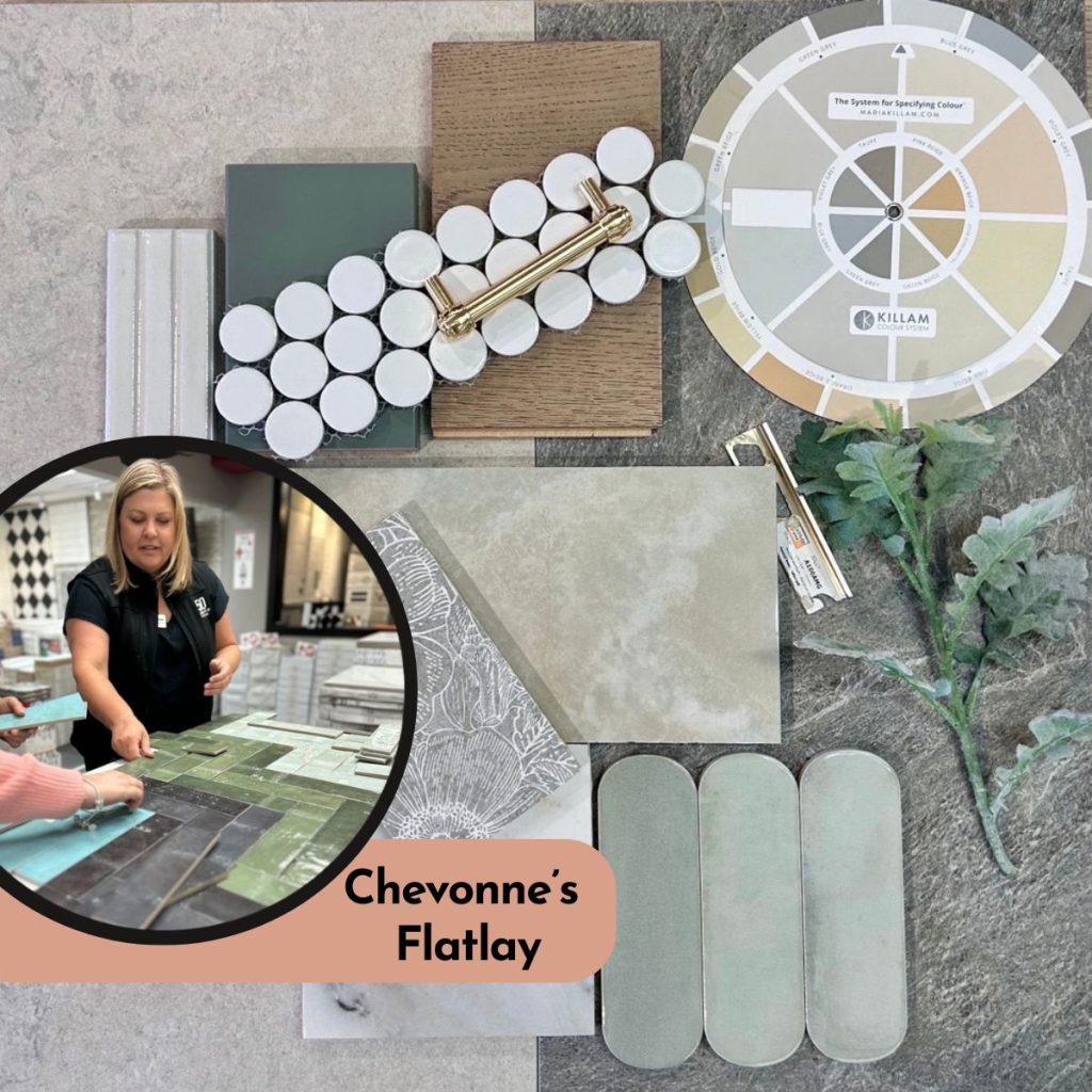 TileTown flatlay with green, neutral and textured tile samples.